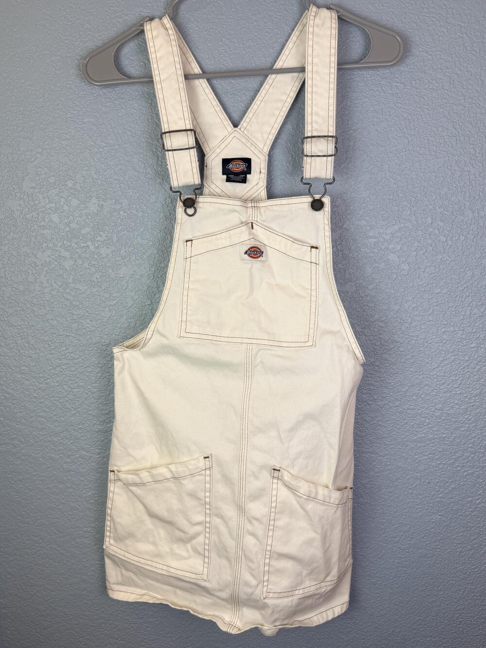 Dickies Overall Dress Womens XS White Bib Pinafore Utility Workwear Pockets
